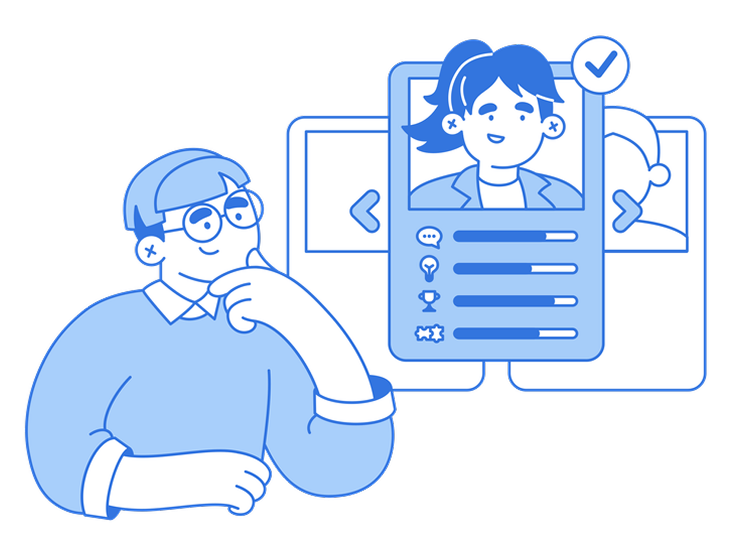 “Illustration of a person thinking while reviewing candidate profiles on a digital interface, with one profile highlighted and selected.