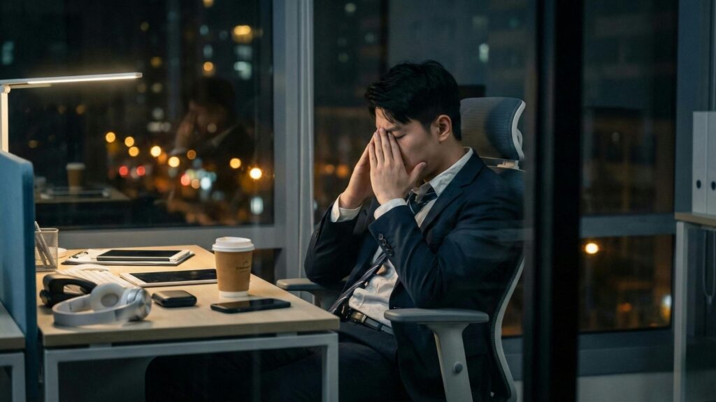 Business owner working late at a desk in a city-view office, showing fatigue — highlighting why entrepreneurs should not do it all alone.